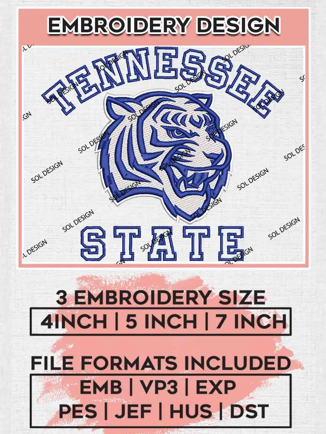 Tennessee State Tiger Embroidery Designs, Football Embroidery files, Sport Machine embroidery designs, Instant Download
