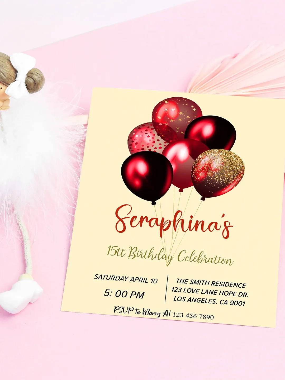 Red and Gold 15th Birthday Invitation Template (Editable Digital Download)