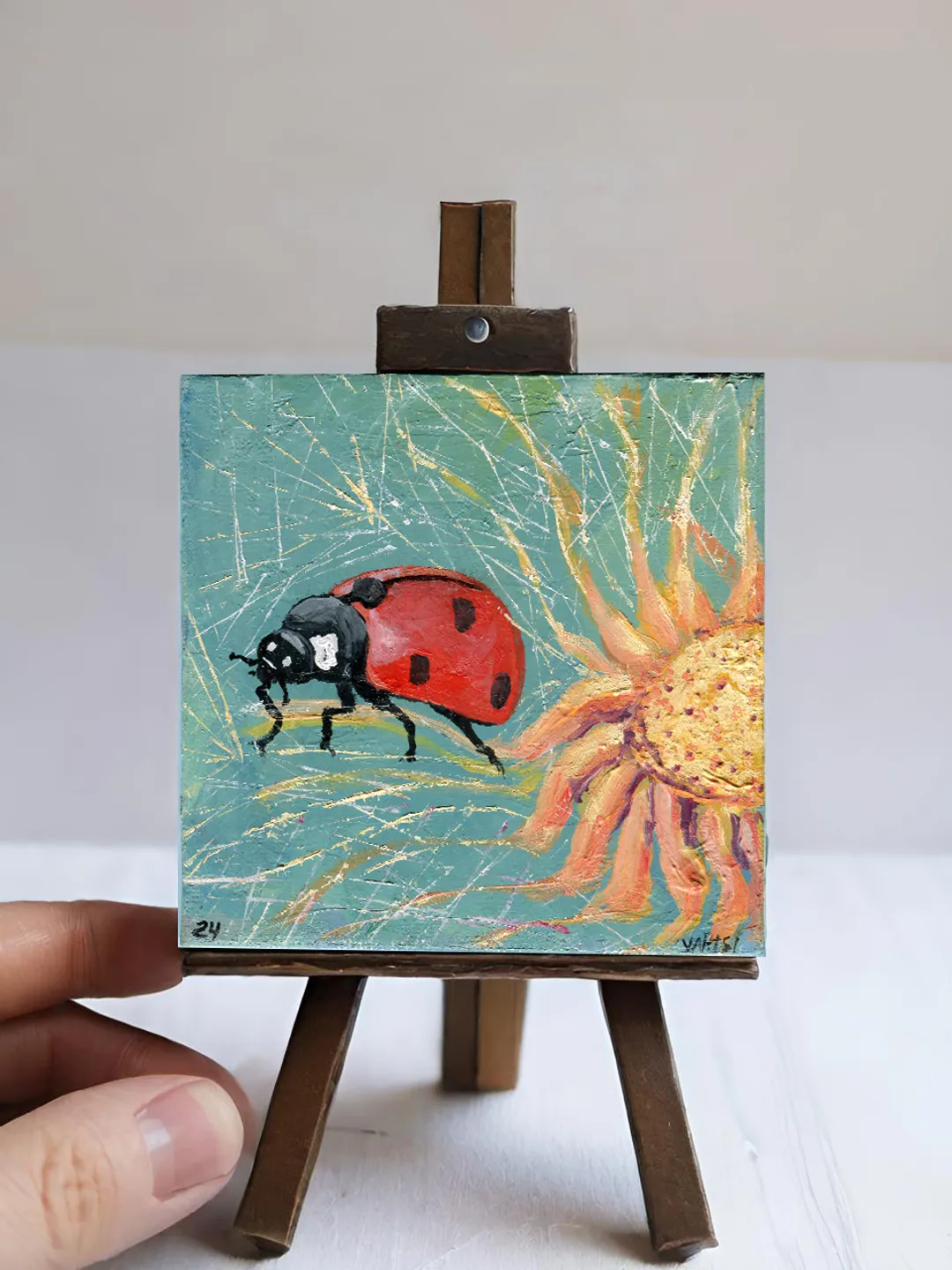 Mini oil Painting flowers with a Ladybug oil canvas on magnet