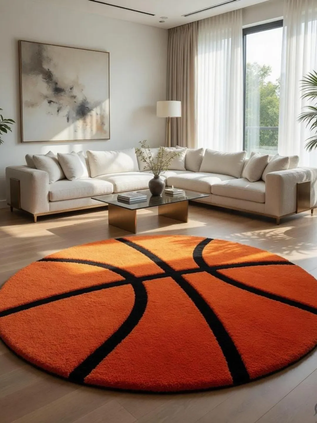 Basketball Round Area Rug: Orange Sports Theme Carpet for Game Room