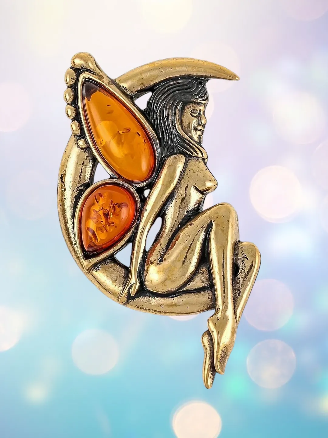 Fairy on the Moon Brooch pin on a dress jacket gift for her Unique Figure Brooch Gold Red Tone handmade jewelry vintage style Holiday Festival jewelry