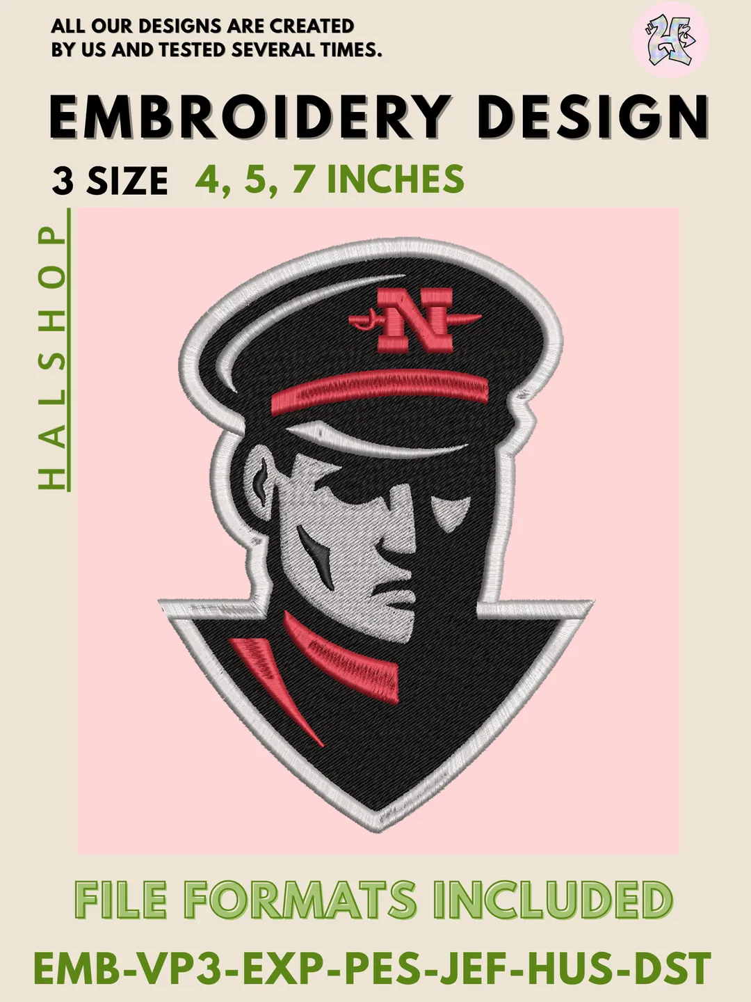 NCAA Nicholls Colonels Logo Embroidery Design, Machine Embroidery Files, 3 Sizes, Instant Digital Download