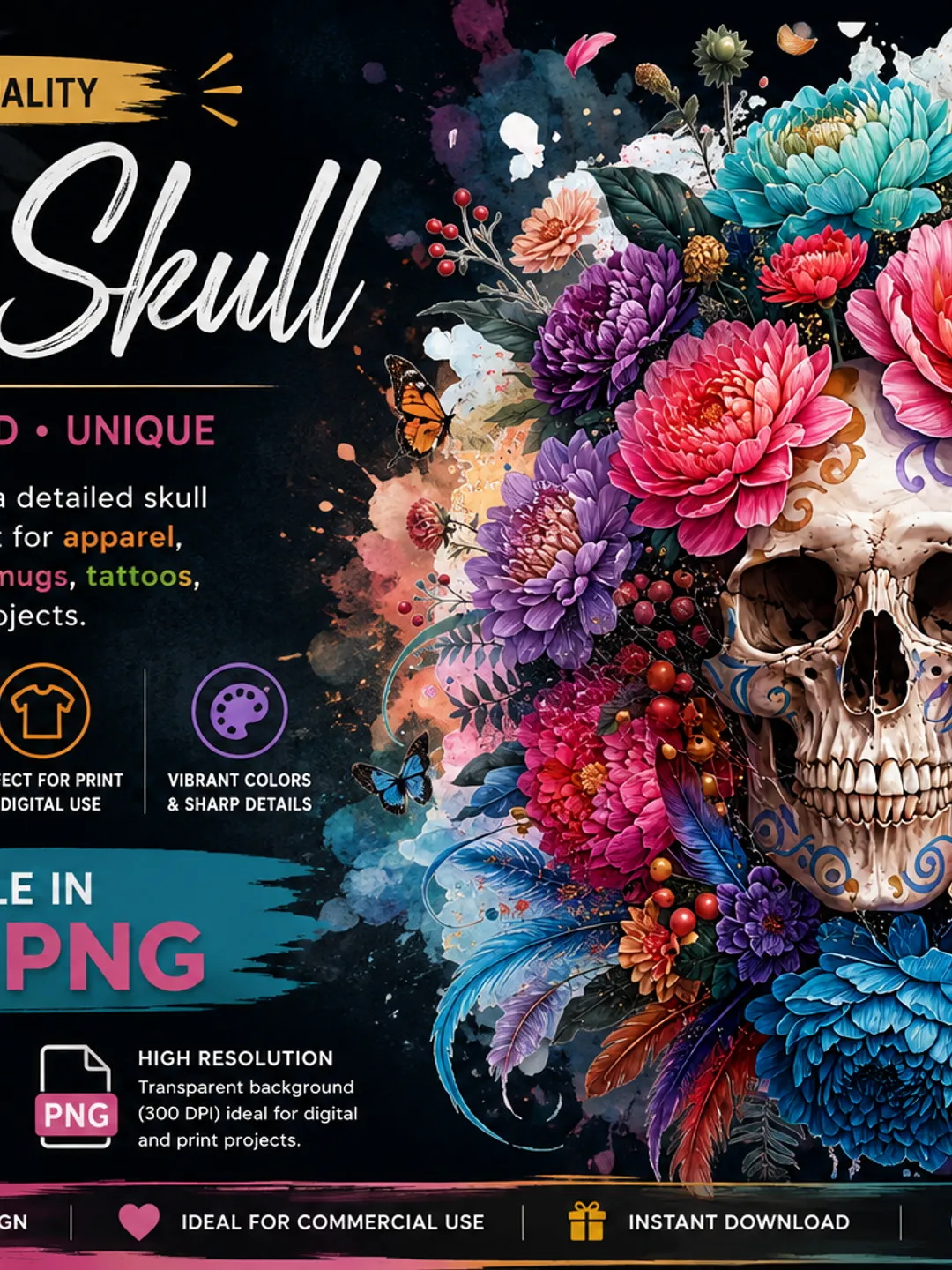 Gothic Floral Skull T-Shirt Design.