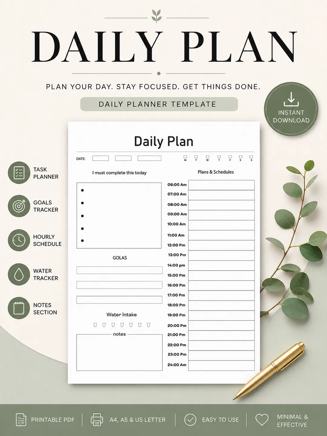 Daily Focus Planner – Minimal Productivity Template