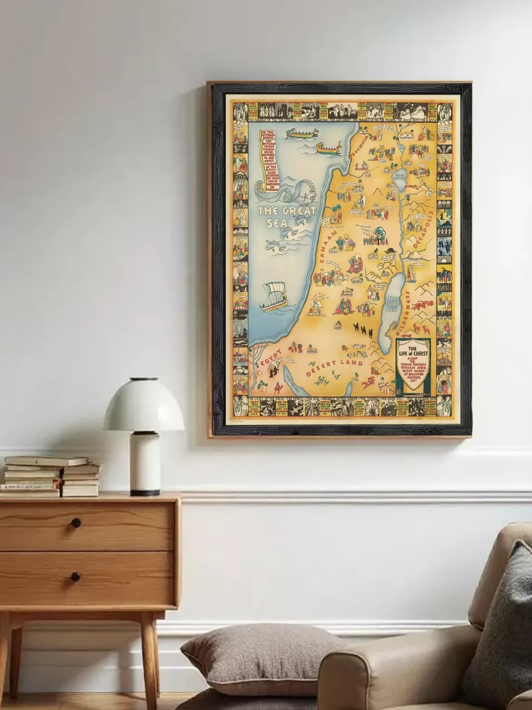 Life of Christ: Colorful Art Deco Holy Land Map - 1929 Vintage Reproduction, Bible Scenes Wall Decor