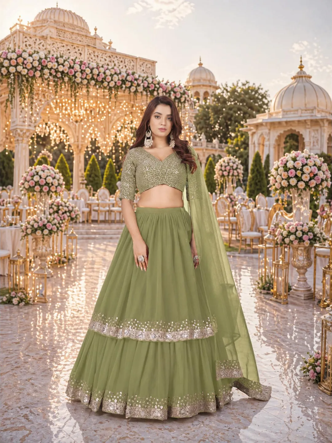 Olive Sequin Embroidered Ready To Wear Lehenga Choli: Indian Wedding Wear