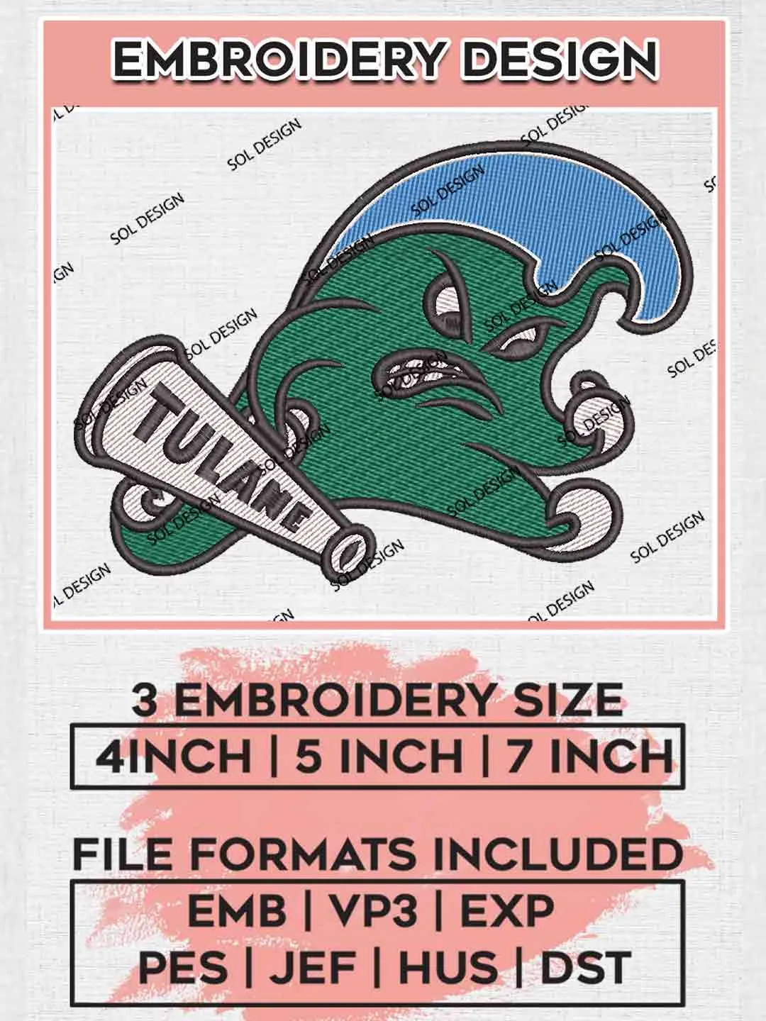 NCAA Tulane Green Wave Logo Embroidery Designs, NCAA Logo Embroidery files, NCAA Tulane Green Wave Team, Machine embroidery designs, Instant Download