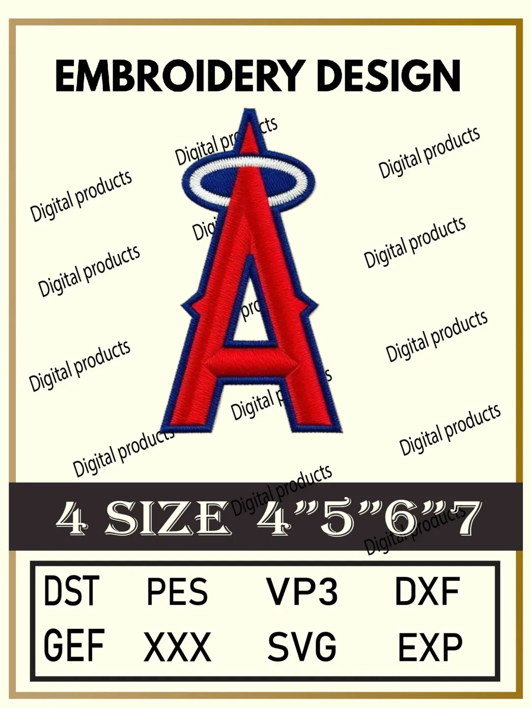 Letter A Embroidery Design Digital Pattern with Red Gothic Style and Blue Halo for Machine Embroidery Projects in Four Sizes with Multiple Compatible Formats Including DST, PES, VP3, DXF, GEF, XXX, SVG, EXP for Creative Stitching Download