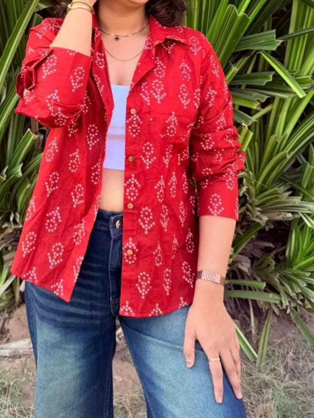 Red Hand Block Printed Cotton Shirt | Boho Artisan Top