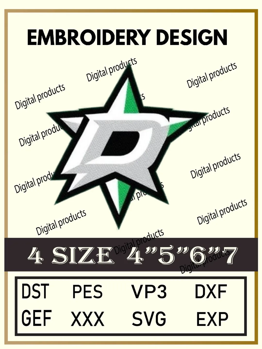 Dallas Stars Embroidery Design Digital Logo Pattern for Machine Embroidery Projects in Four Sizes with Multiple Compatible Formats Including DST, PES, VP3, DXF, GEF, XXX, SVG, EXP for Creative Stitching and Artistic Embroidery Download