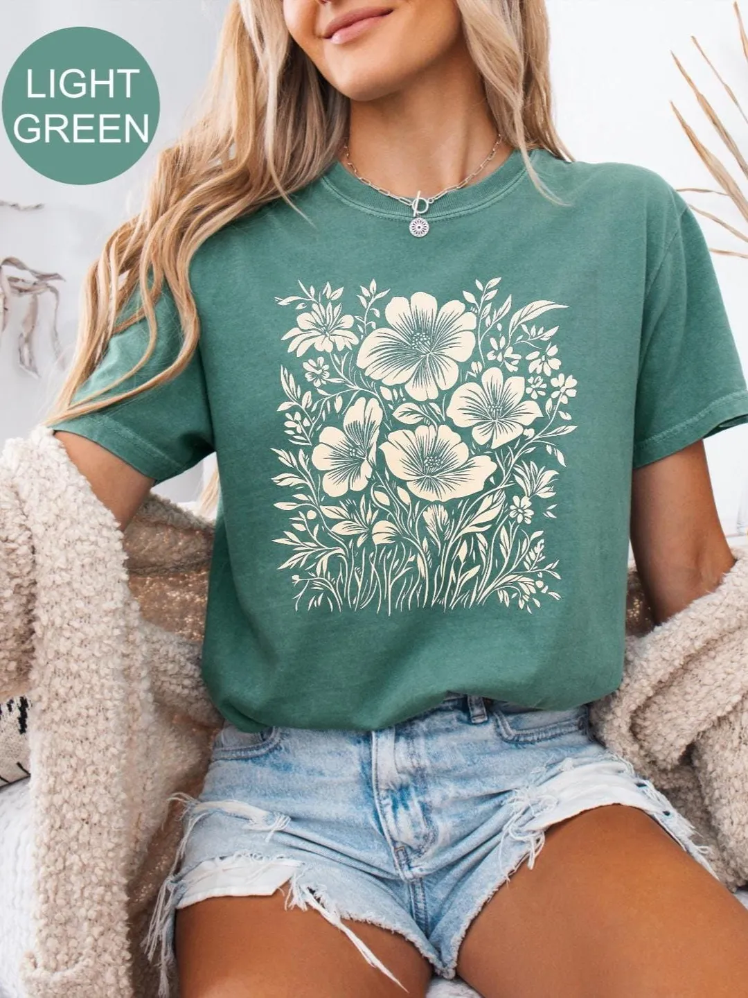 Linocut Wildflower Shirt: Comfort Colors Vintage Botanical Tee