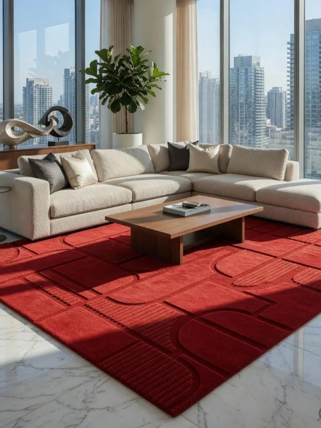 Handmade Red Geometric Patchwork Rug, Modern Plush Living Room Carpet