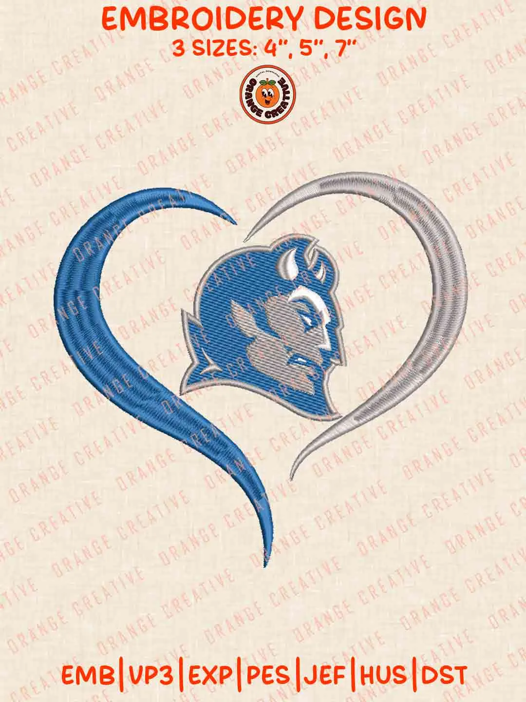 Central Connecticut Blue Devil Heart Logo Embroidery Design, College Machine Embroidery Digitized Pes File, Football Designs, 3 Sizes, Custom Size, Instant Download