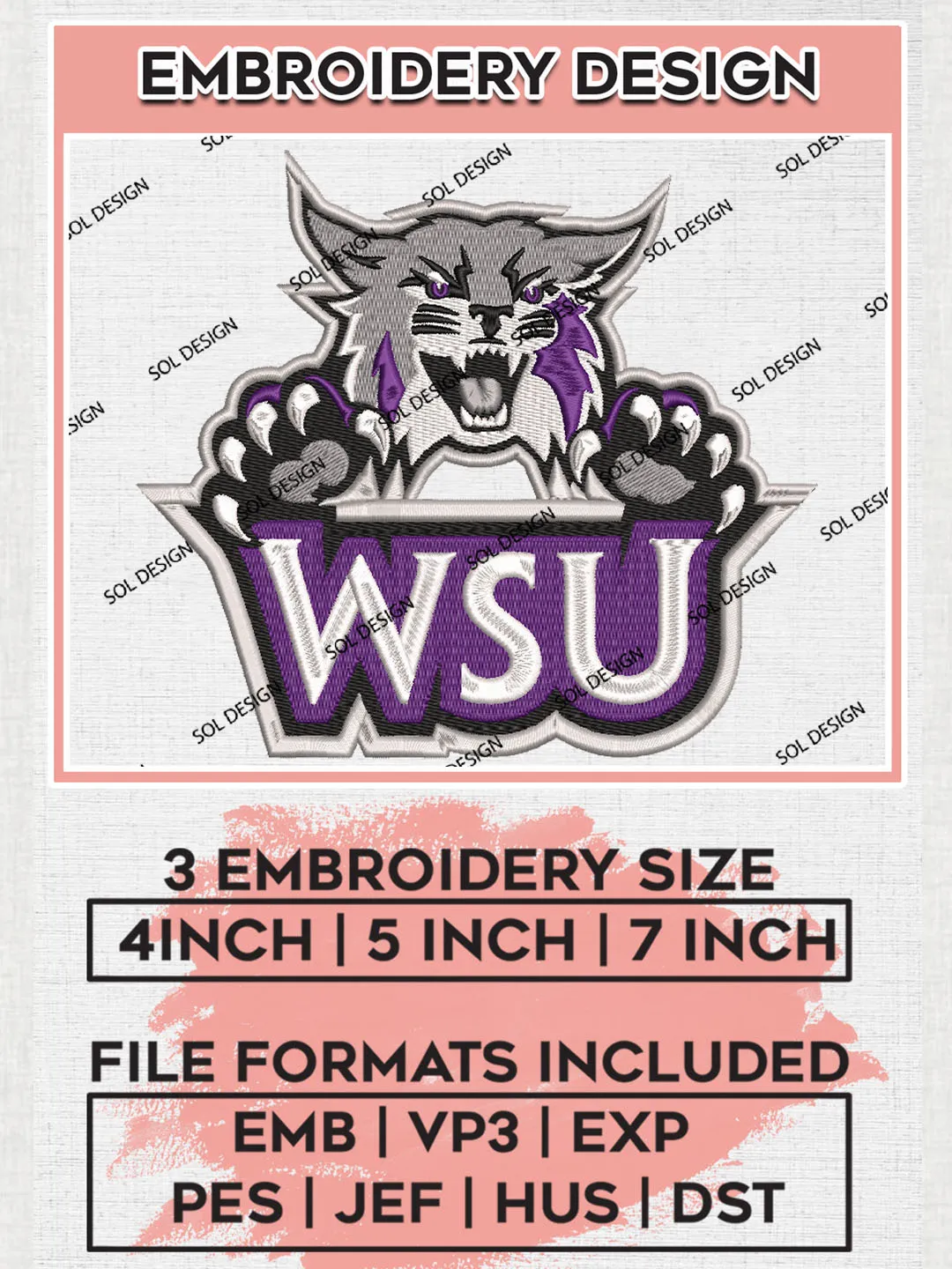 NCAA WSU Wildcats Team Head Mascot Logo Embroidery Design Files, NCAA Weber State Wildcats Machine Embroidery, NCAA Teams, 3 sizes, NCAA Machine embroidery designs, Digital Download
