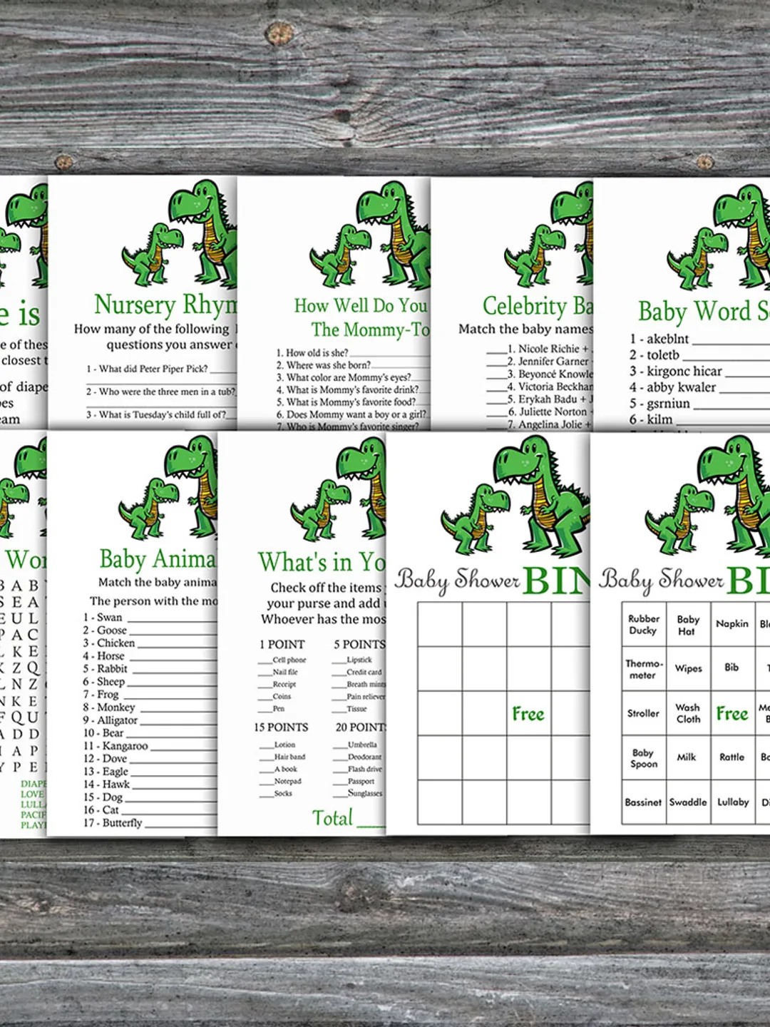 Dinosaur theme baby shower games bundle,T-rex Baby Shower games package,Fun Baby Shower Games,9 Printable Games-327