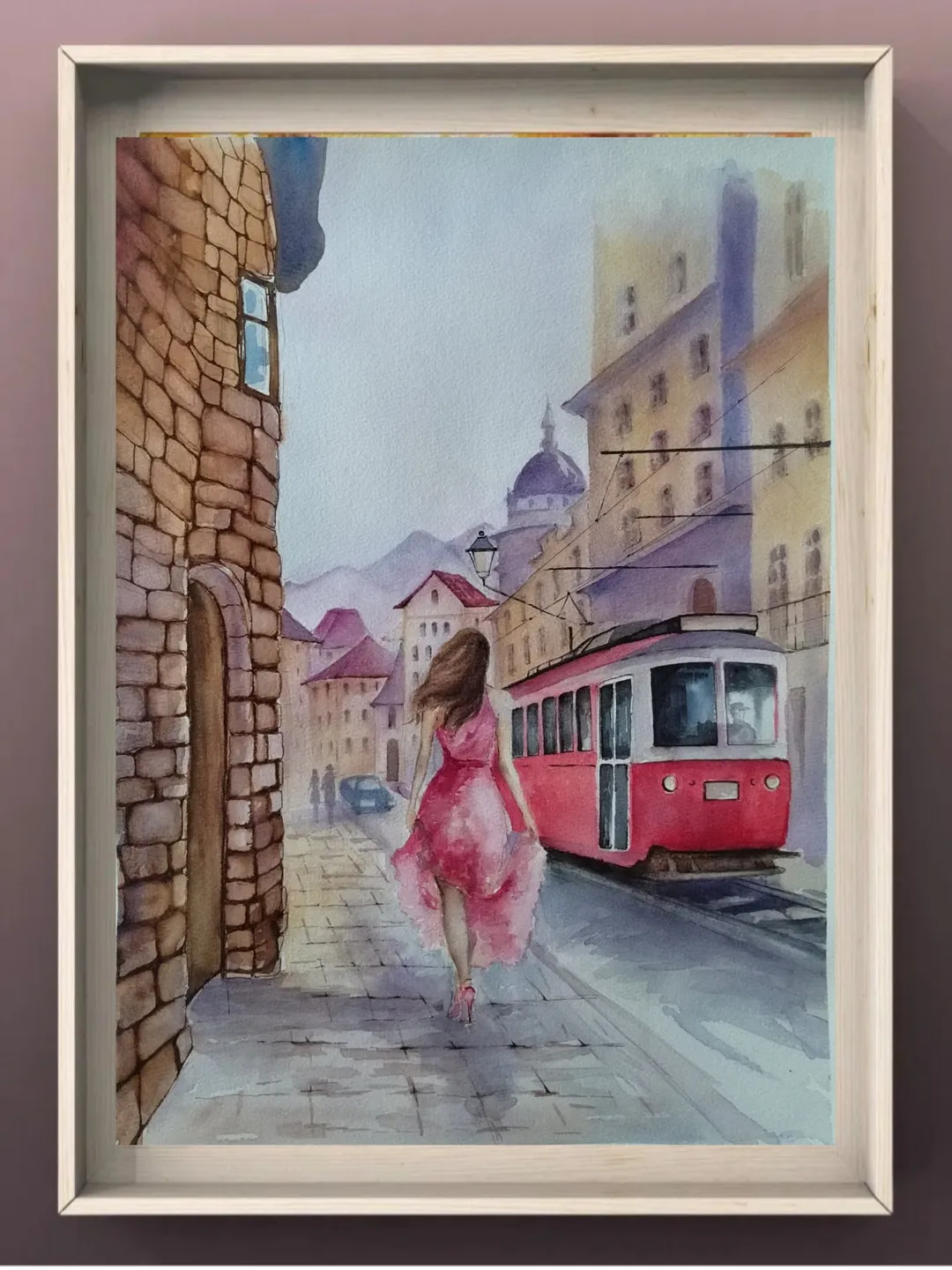 Red Tram Painting Original Watercolor Art Urban Landscape Arwork Old Street Picture Girl Dress 11.81x15.74 in by SoftWaves