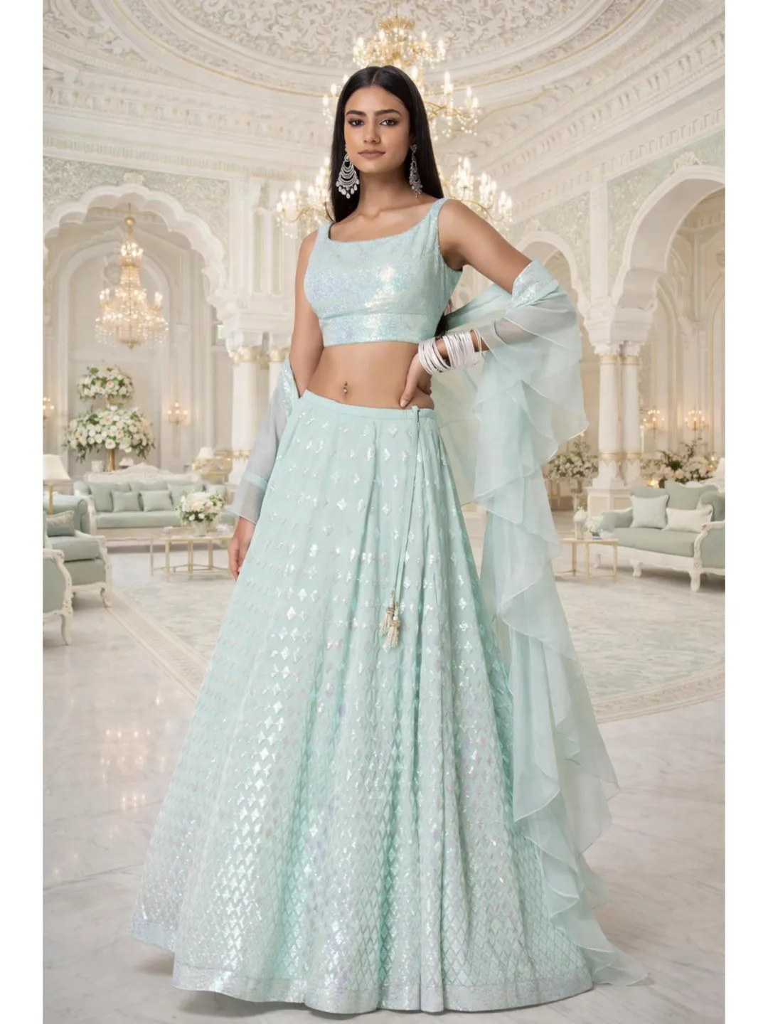 Sky Blue Georgette Lehenga Choli For Women: Sequin Indian Wedding Wear Ready To Wear