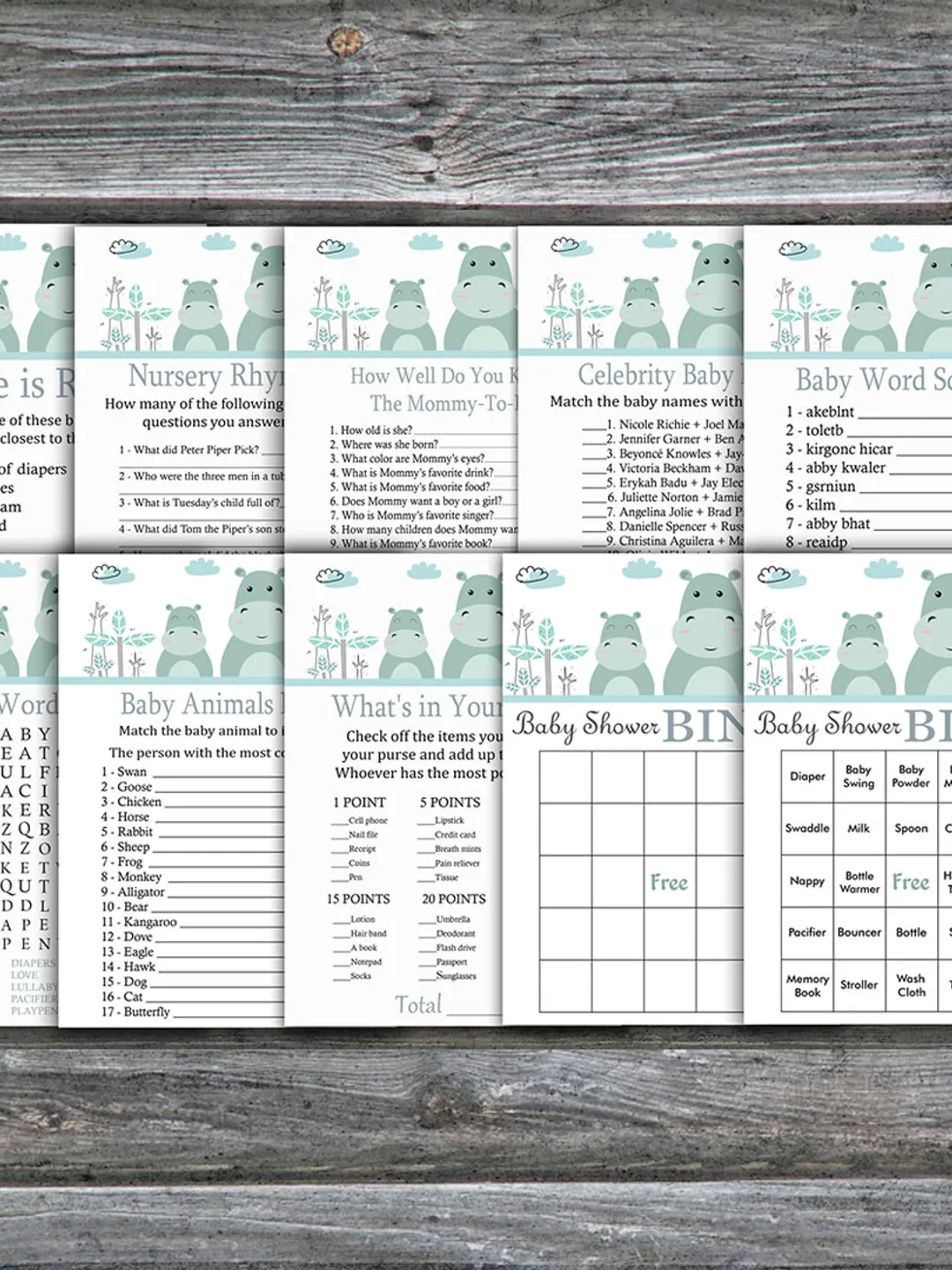 Hippo baby shower games bundle,Jungle Baby Shower games package,Fun Baby Shower Games,9 Printable Games-325
