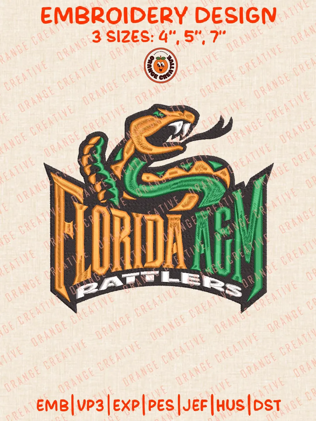 Florida AM Rattlers Logos Embroidery Design Files, NCAA Logos Embroidery Designs, Machine Embroidery Files, 4 Sizes, Custom Sizes, Instant Download