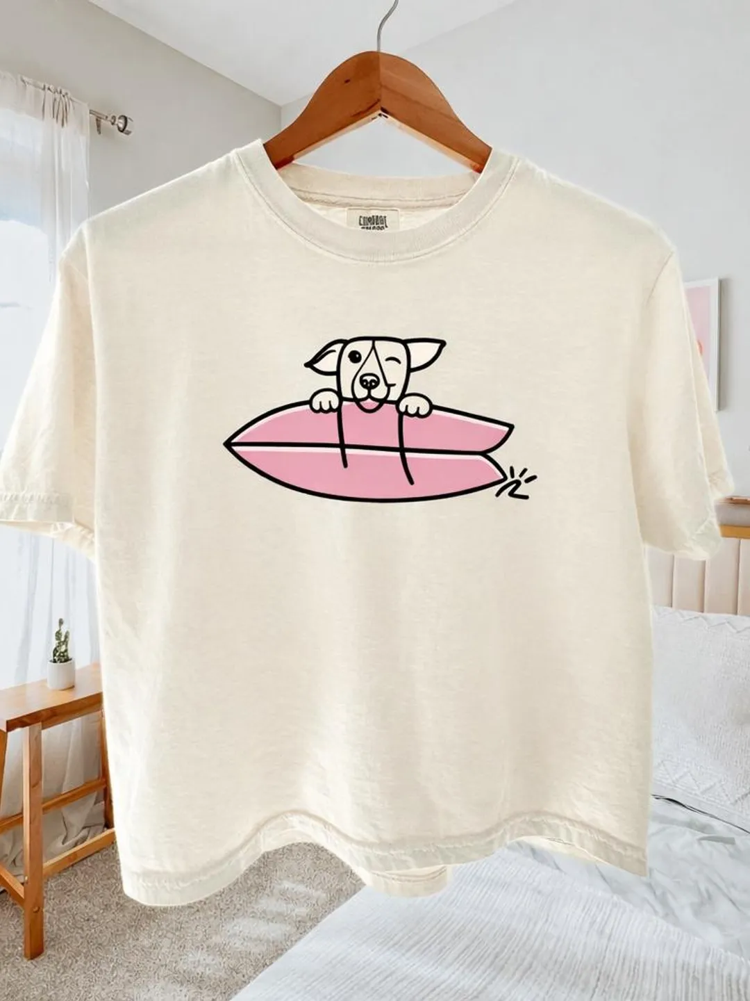 Pink Surfboard Dog T-Shirt | Hand-Drawn Pup Beach Tee