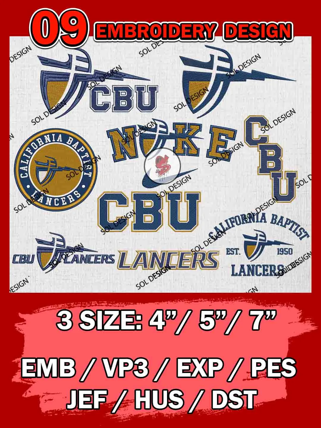 9 NCAA California Baptist Lancers Bundle Embroidery Files, NCAA California Baptist Lancers Team Bundle Embroidery Designs, NCAA Teams, National College Football Team 3 sizes, NCAA California Baptist Machine Embroidery, Digital Download