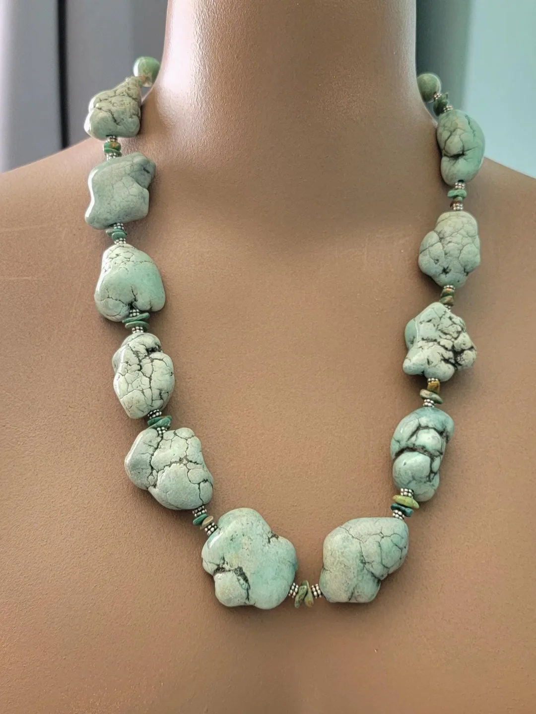 Turquoise Chunky Nugget Handmade Statement Necklace Sterling Silver Big Irregular Bead Western Jewelry