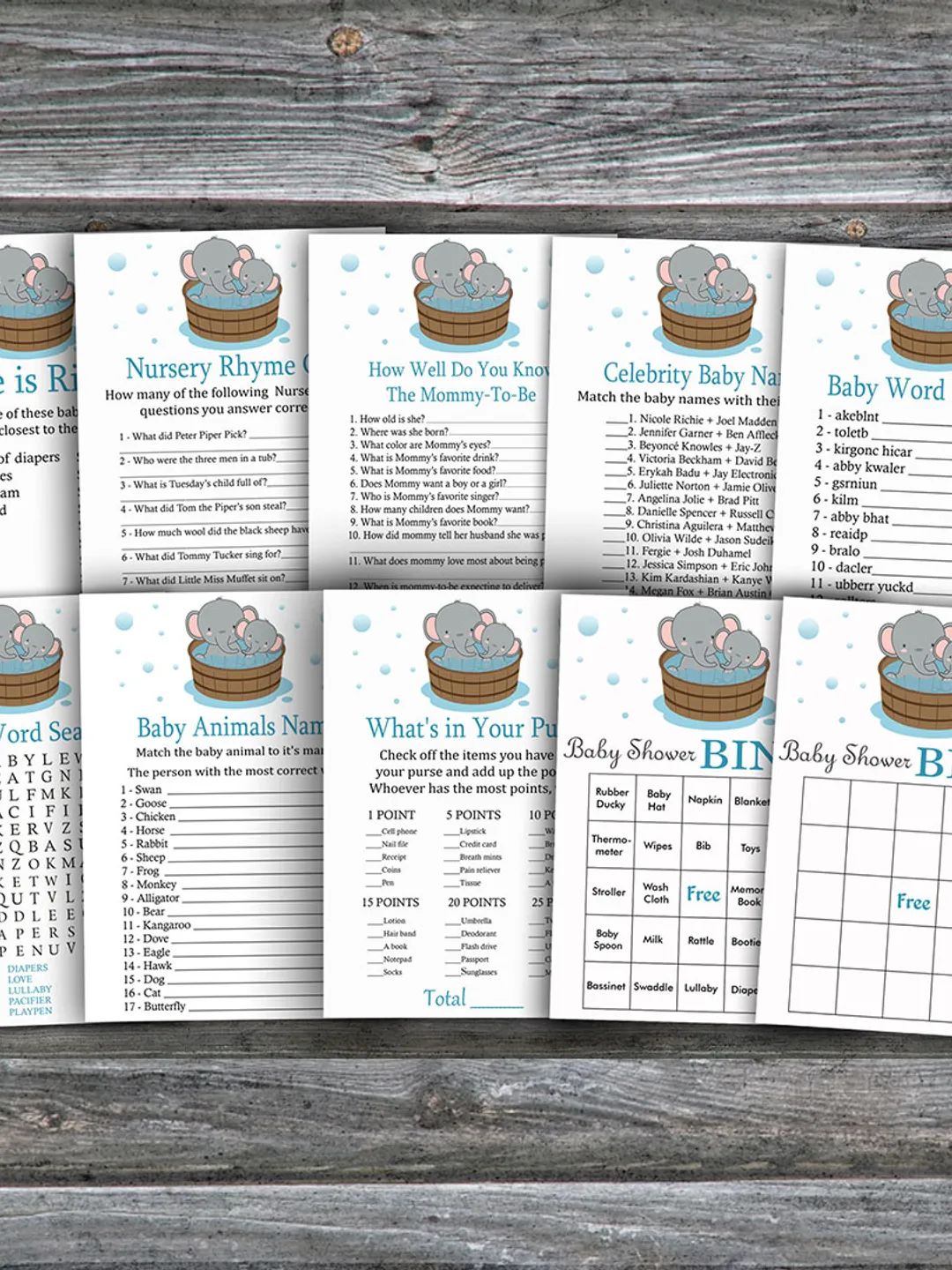 Baby Elephant baby shower games bundle,Elephant Baby Shower games package,Fun Baby Shower Games,9 Printable Games-303