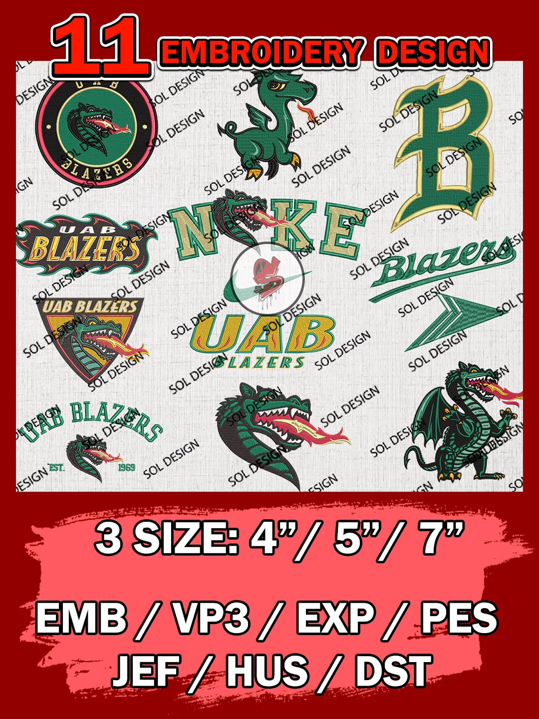 11 NCAA UAB Blazers Bundle Embroidery Files, NCAA UAB Blazers Team Bundle Embroidery Designs, NCAA Teams, National College Football Team 3 sizes, NCAA UAB Machine Embroidery, Digital Download