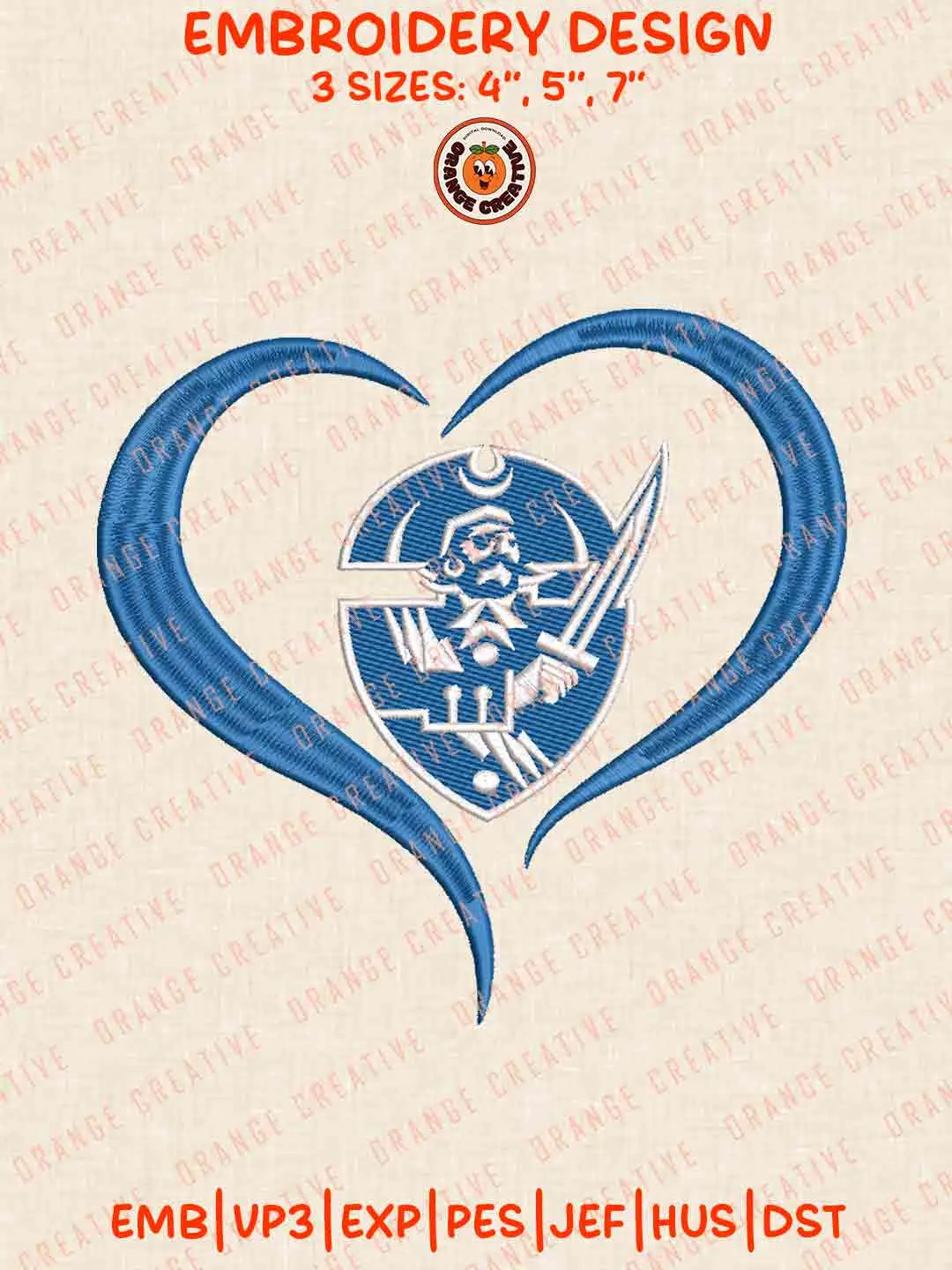 Hampton Pirate Heart Embroidery Design Files, Football Embroidery Designs, Sport Machine Embroidery Files, 3 Sizes, Custom Sizes, Instant Download