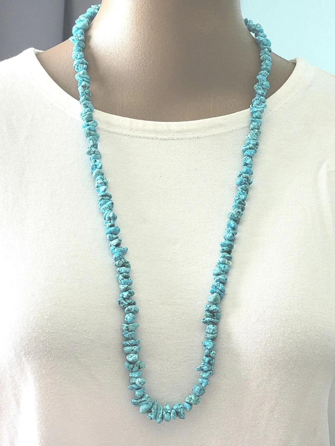 Turquoise Nugget Necklace Long Statement Necklace Over the Head Style Toggle Closure 31" Beaded Statement Blue Green Color, Double Wrap