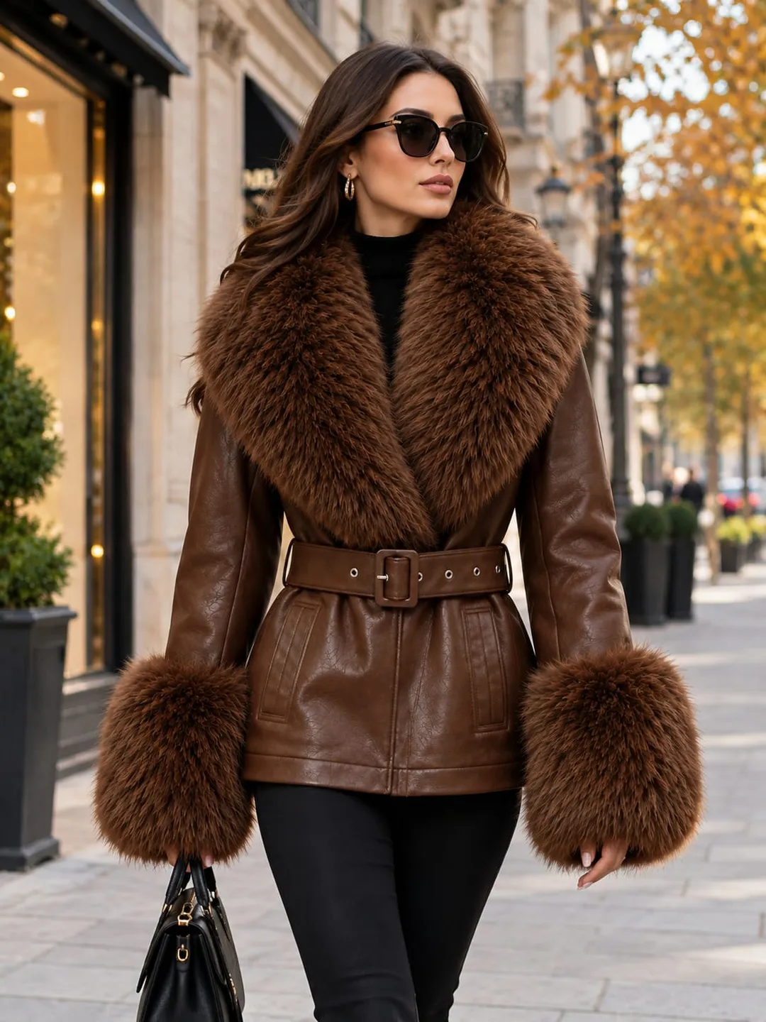 Women’s Chocolate Brown Genuine Leather Fur Coat | Oversized Genuine Fur Collar & Cuffs | Belted Luxury Winter Jacket | Handmade Premium Fashion Outerwear
