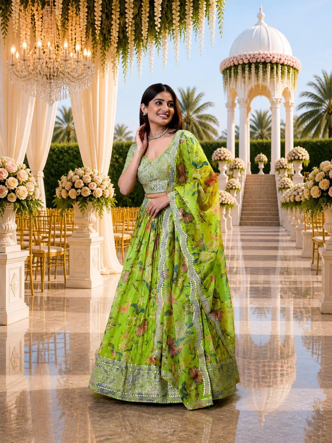 Neon Green Ready To Wear Lehenga Choli: Indian Wedding Wear, Sequins Embroidery