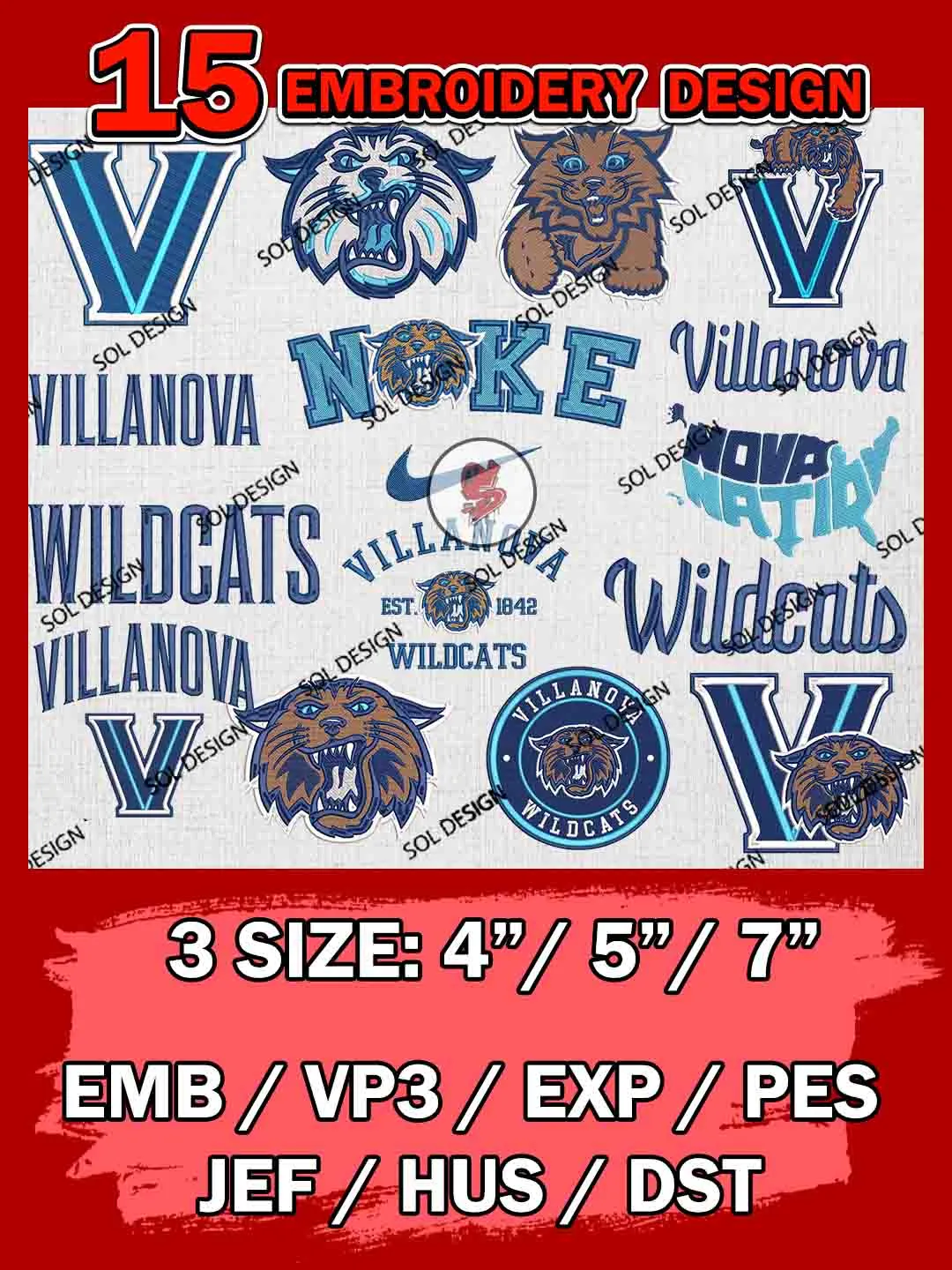 15 NCAA Villanova Wildcats Bundle Embroidery Files, NCAA Villanova Wildcats Team Bundle Embroidery Designs, NCAA Teams, National College Football Team 3 sizes, NCAA Villanova Machine Embroidery, Digital Download