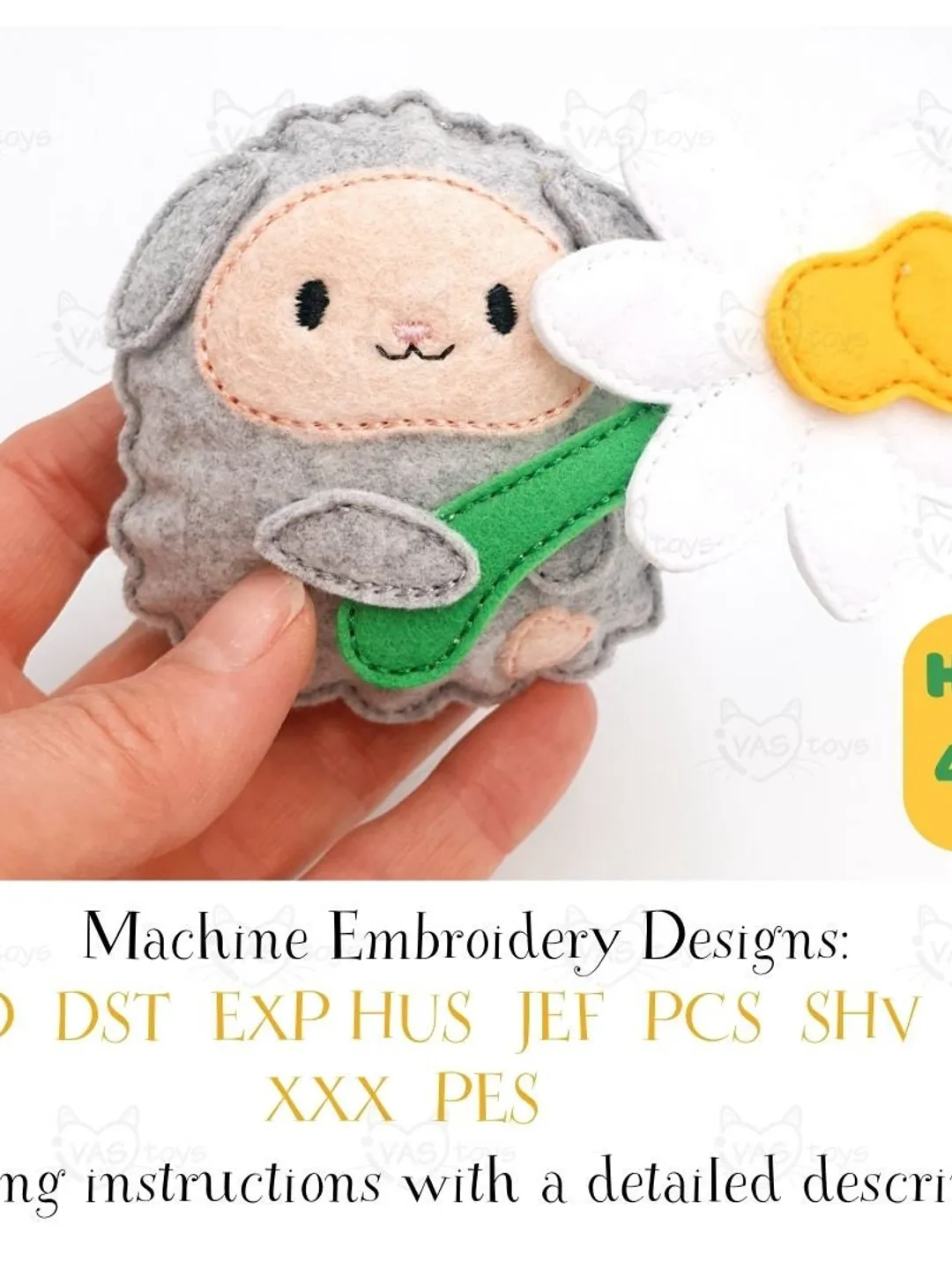 ITH Cute Lamb with Flower Embroidery Design, Felt Stuffed Animal Sheep Toy Pattern, 4x4 Hoop Digital File