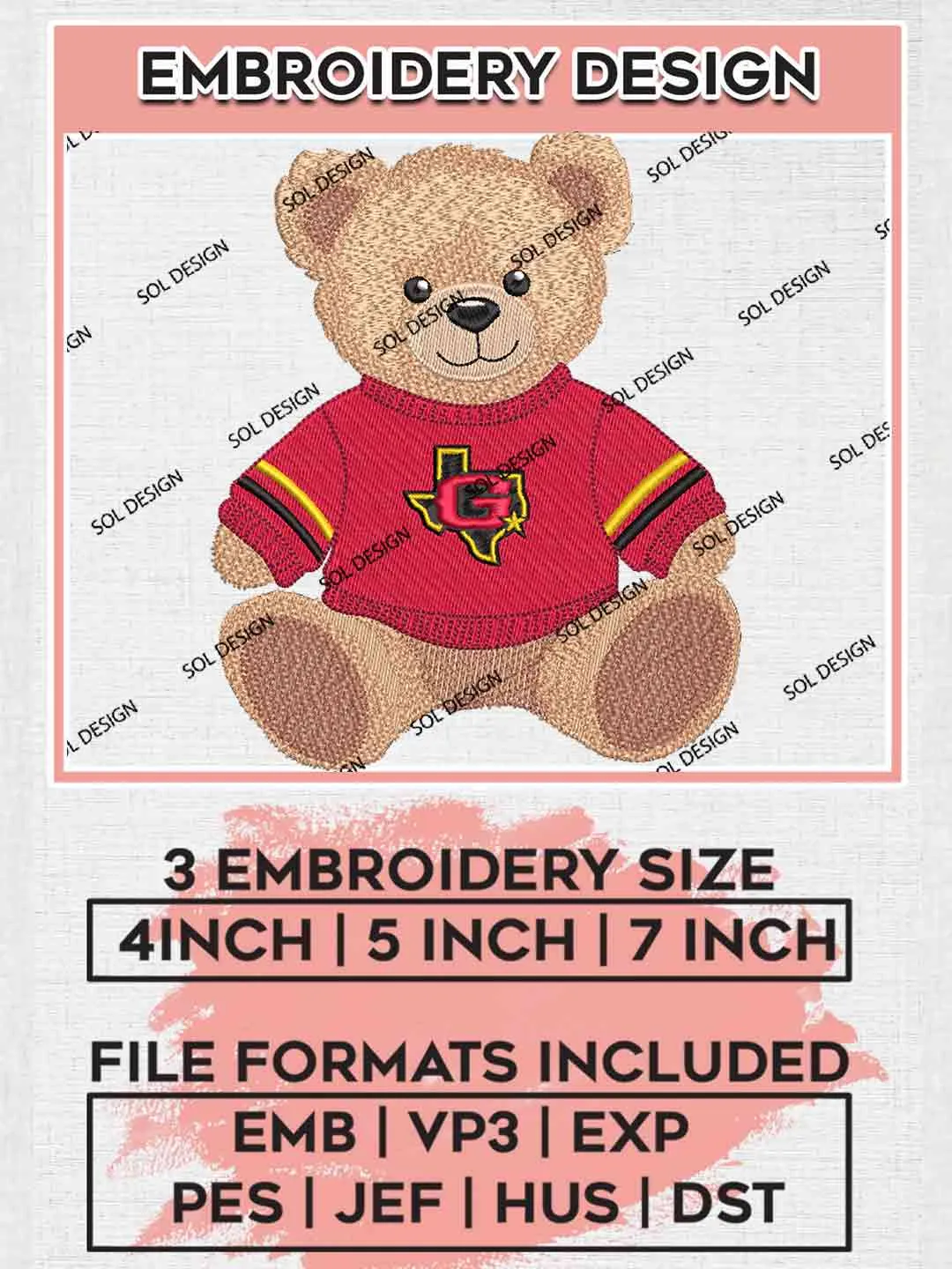 Houston Gamblers Teddy Bear Logo Embroidery Design, UFL Football League Embroidery files, Sport Machine embroidery designs, 3 sizes, Instant Download