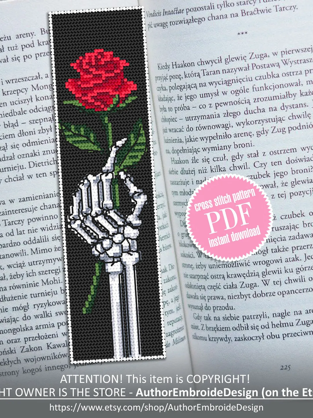 Gothic bookmark cross stitch pattern Skeleton hand cross stitch chart, Rose flower embroidery, Handmade bookmark Instant download PDF #B104