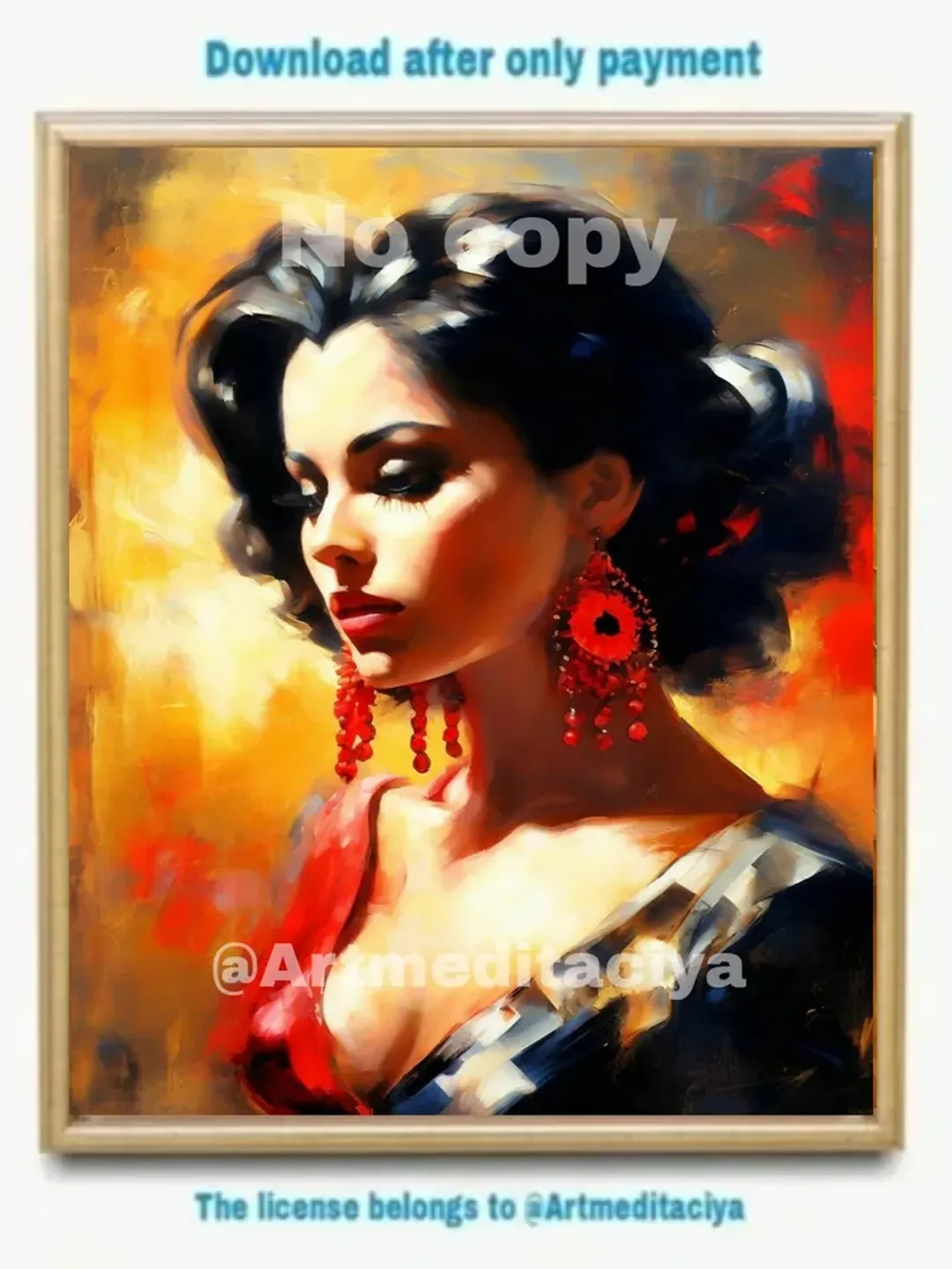 Digital abstract painting "Mysterious Carmen" in the style of oil painting on an abstract yellow, orange-red background. This is a concise image of a beautiful burning Spanish brunette with expressive fluffy eyelashes in a black and red outfit
