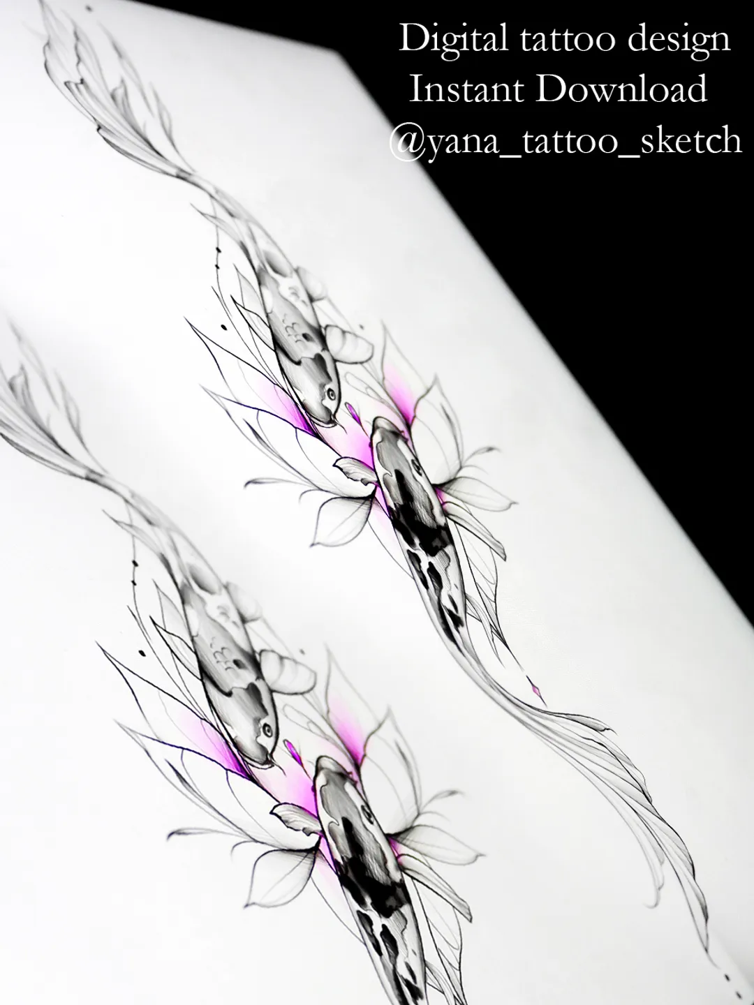 Koi Fish Tattoo Design Two Koi Fish Tattoo Stencil Idea Sketch, Instant download PDF, JPG, PNG