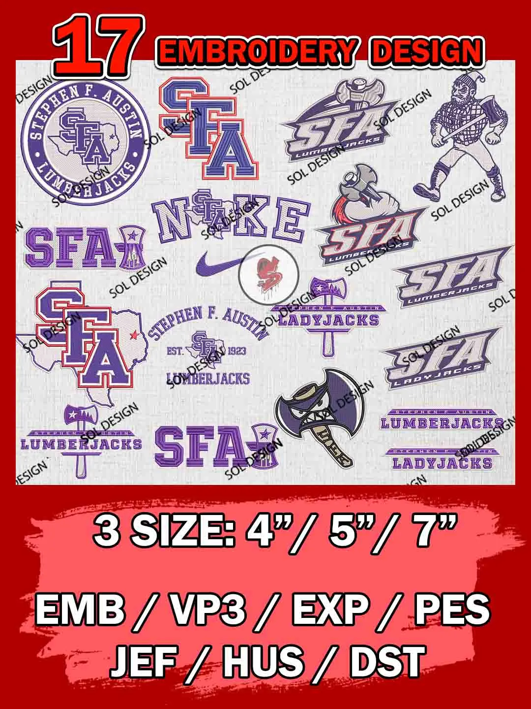 17 NCAA Stephen F Austin Lumberjacks Bundle Embroidery Files, NCAA Stephen F Austin Lumberjacks Team Bundle Embroidery Designs, NCAA Teams, National College Football Team 3 sizes, NCAA Stephen F Machine Embroidery, Digital Download