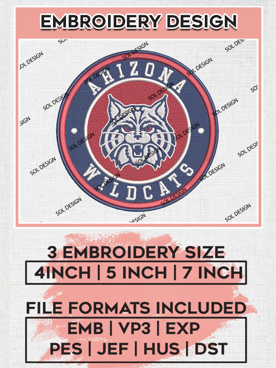 NCAA Arizona Wildcats Round Logo Embroidery, NCAA Arizona Wildcats Embroidery Design files, NCAA Teams, NCAA Machine embroidery designs, Digital Download