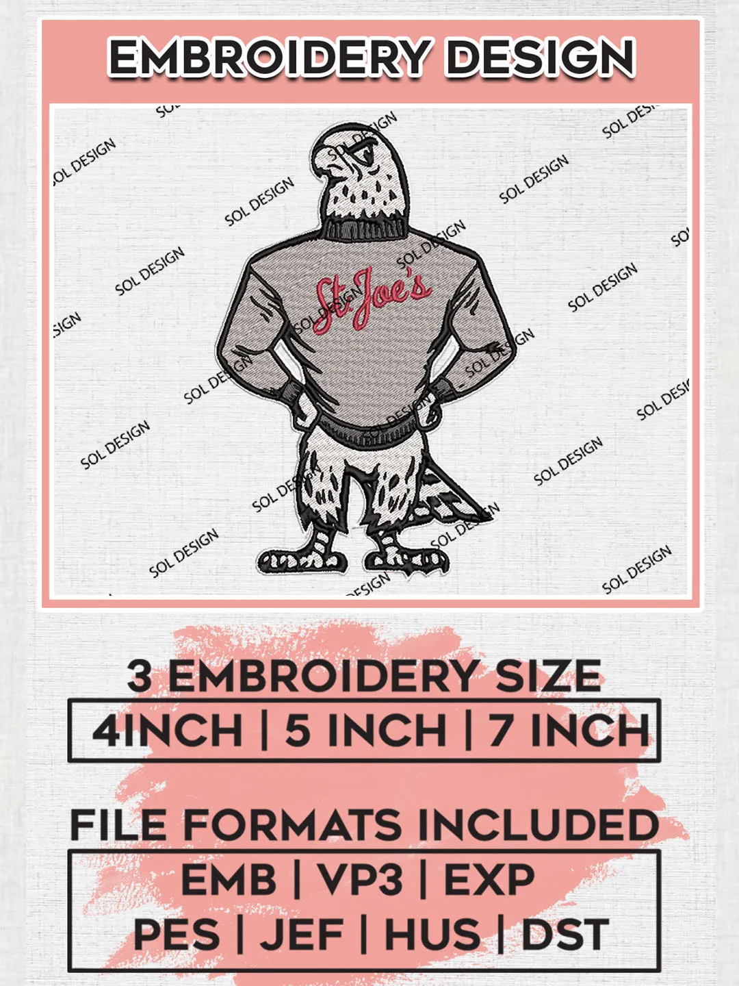 NCAA Saint Josephs Hawks College Football Team Mascot Logo Embroidery Design Files, NCAA Saint Josephs Hawks Machine Embroidery, NCAA Teams, 3 sizes, NCAA Machine embroidery designs, Digital Download