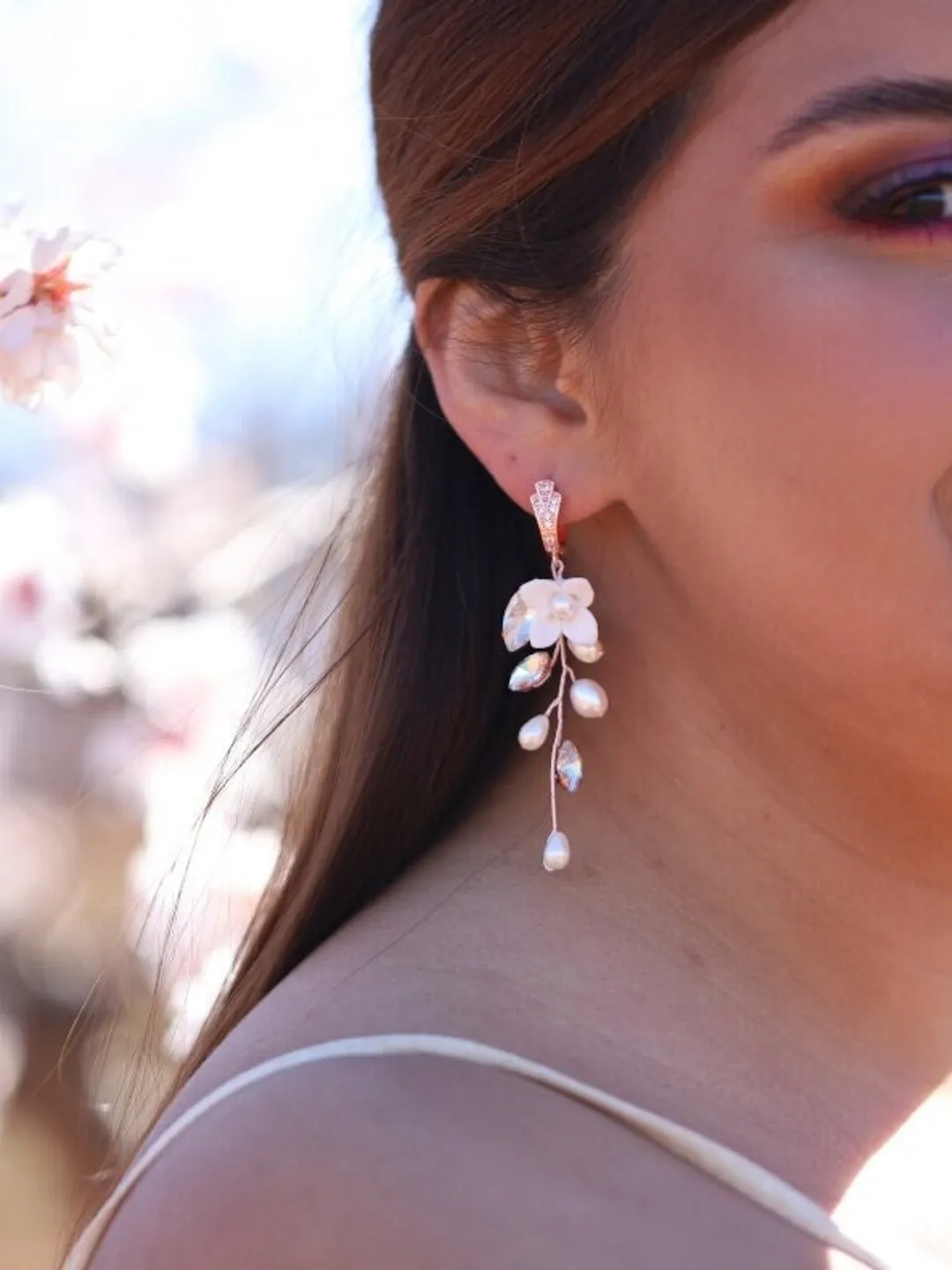 Long Boho Wedding Earrings, Delicate Porcelain Flowers Wedding Earrings, Freshwater Pearl Bridal Earrings, Floral Statement Wedding Jewelry