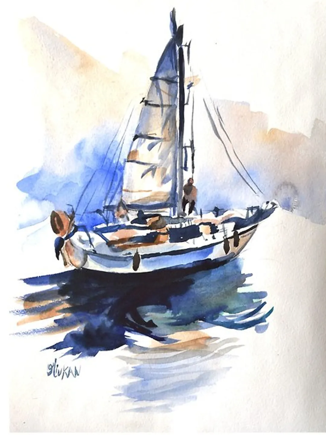Sailboat Painting Original Watercolor Yacht Art Seascape Artwork