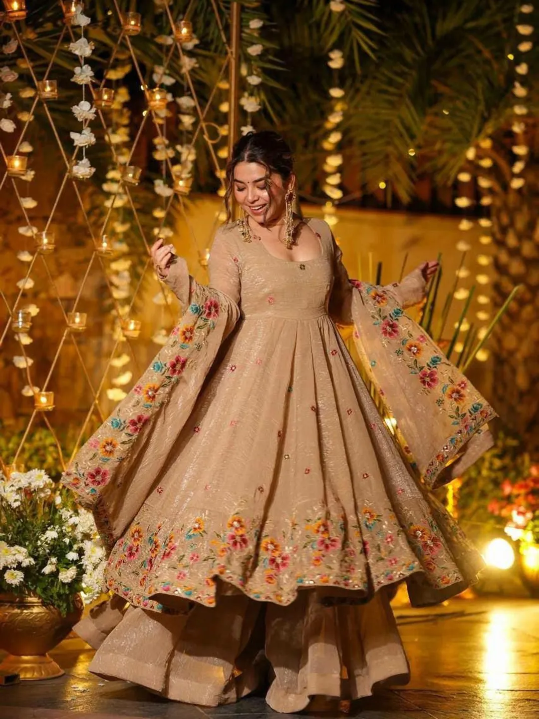 beige indian dress Embellished Indian Bridal Wear Beige Skin Lehenga Frock