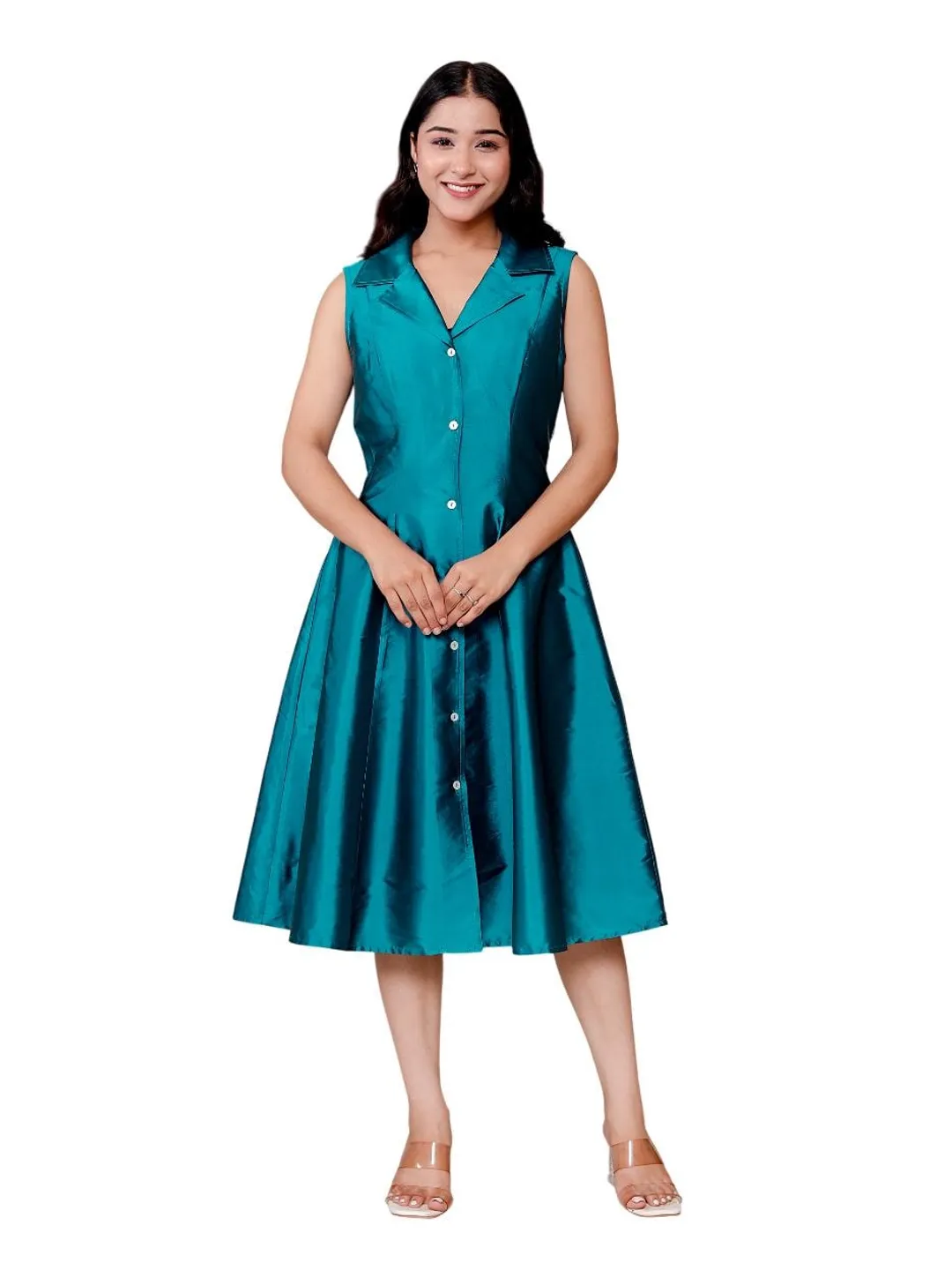 Teal Button Front Sleeveless A-Line Dress | Collared Party Wear Midi Dress for Women Teal Button Front Sleeveless A-Line Dress | Collared Party Wear Midi Dress for Women