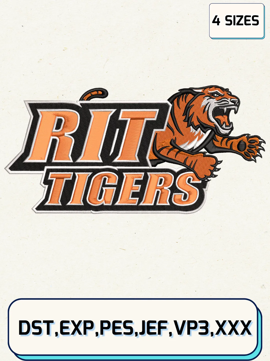 RIT Tigers Logo Embroidery Design File,NCAA Logo Embroidery Design, Machine Embroidery Files, 4 Sizes