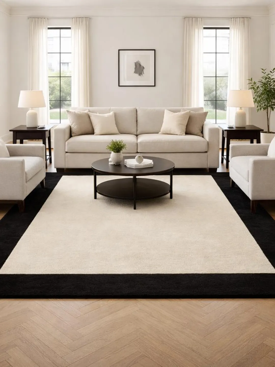 Modern Black Border Rug, Handmade Tufted Area Rug, Minimalist Ivory Rug ...