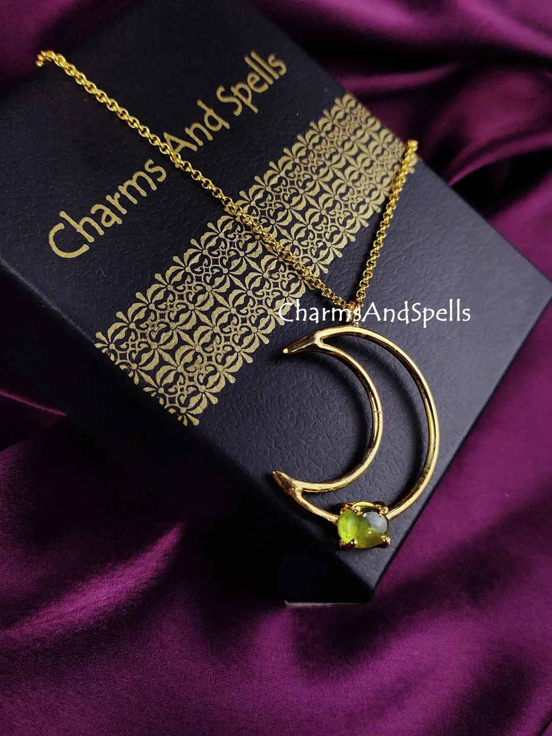 Natural Peridot Moon Pendant Necklace, Green Crystal Jewelry, August Birthstone, Celestial Gift for Her