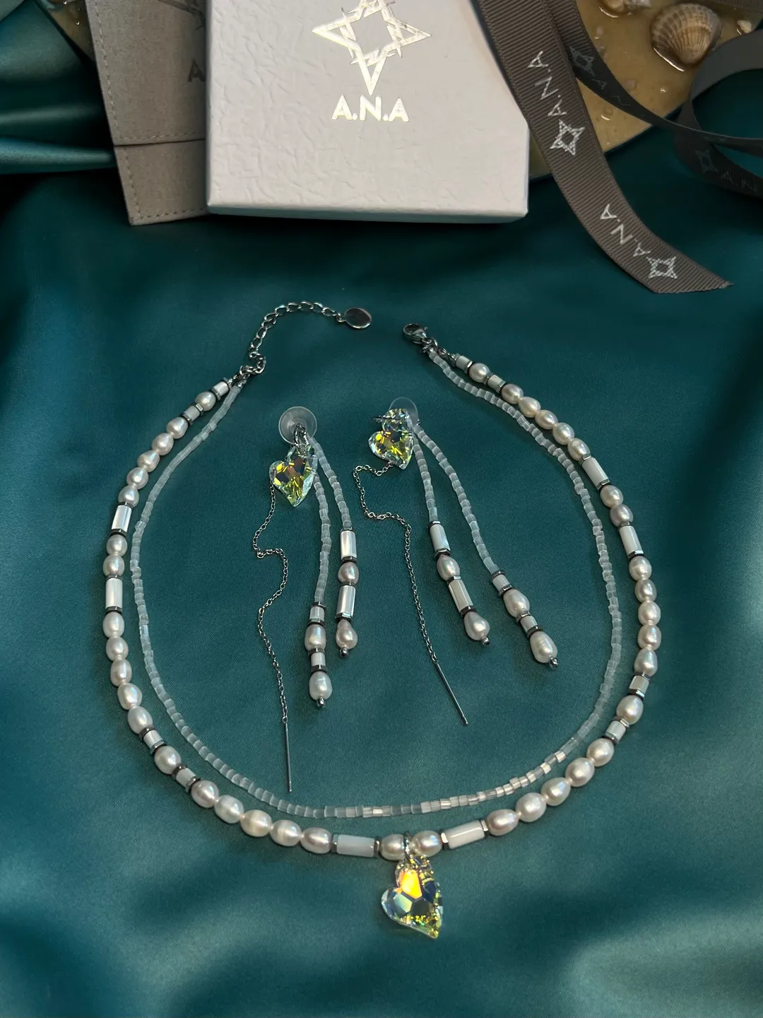 Natural Pearl Swarovski pendant Jewelry Set Necklace Earrings DIAMOND LOVE