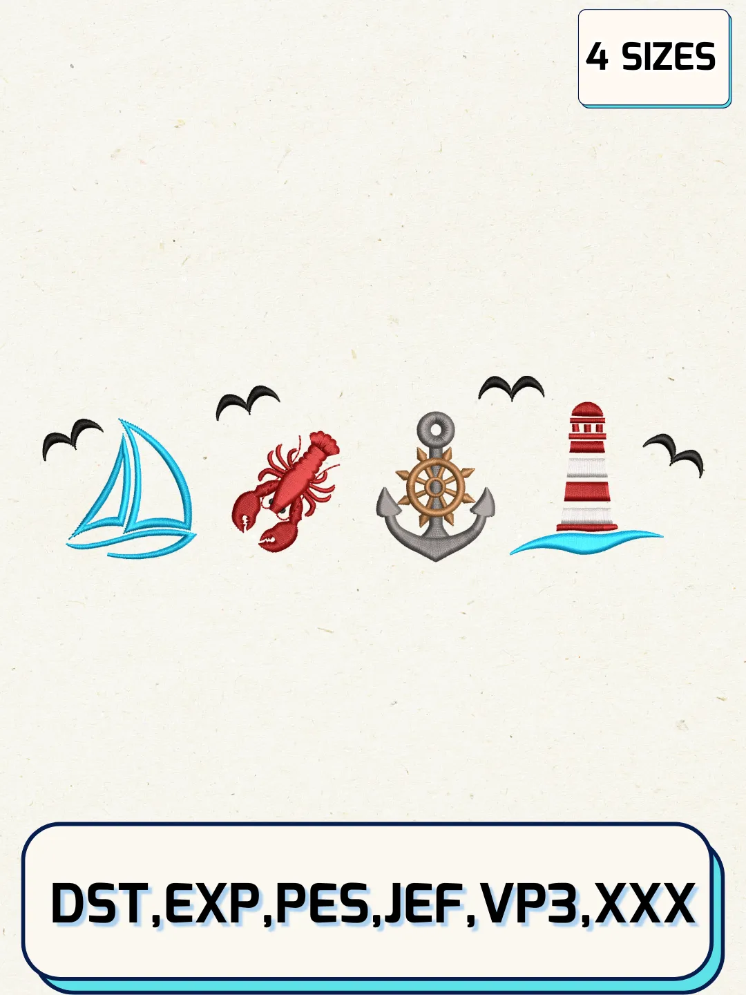 Nautical Summer Logos Embroidery Design Files, Summer Logos Embroidery Designs, Machine Embroidery Files, 4 Sizes